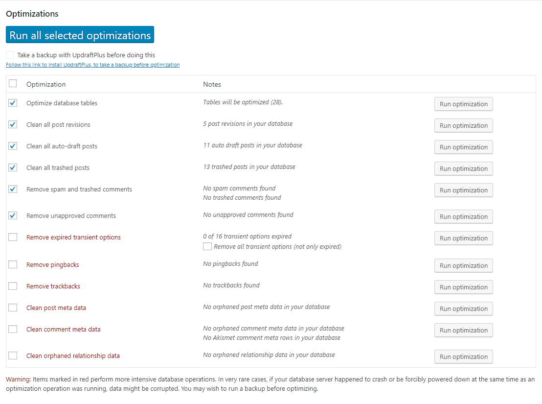 Optimize Wordpress database with WP-Optimize