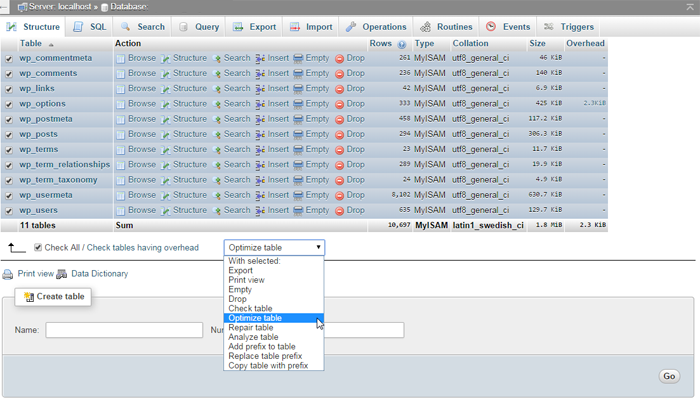 Optiizing tables in phpMyAdmin