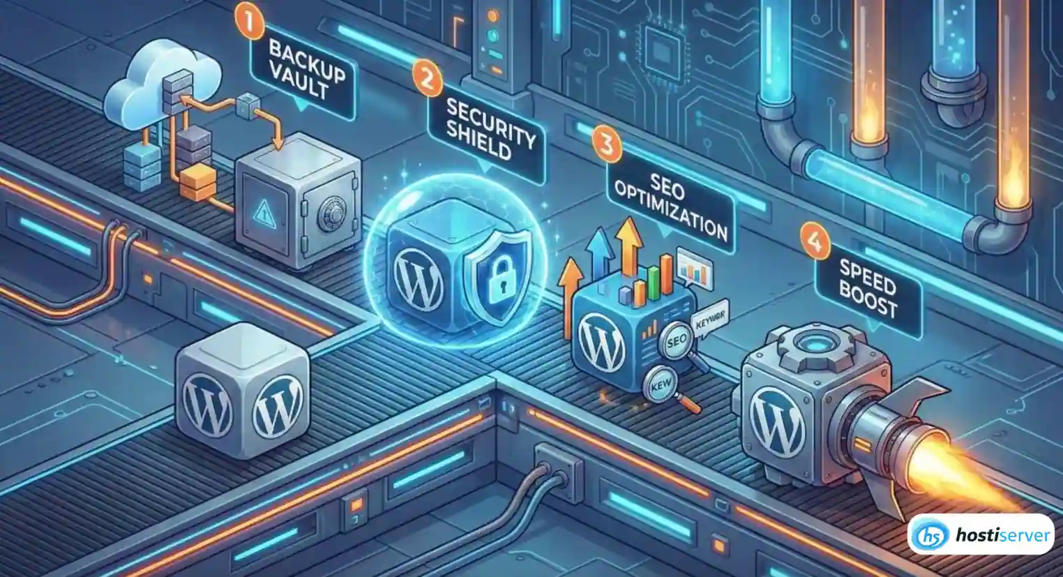 3D infographic of the correct order of installing plugins on WordPress