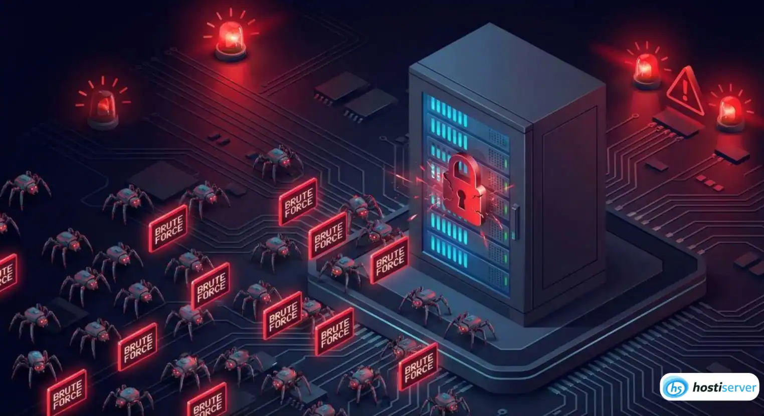 3D illustration of a server under a massive brute force attack