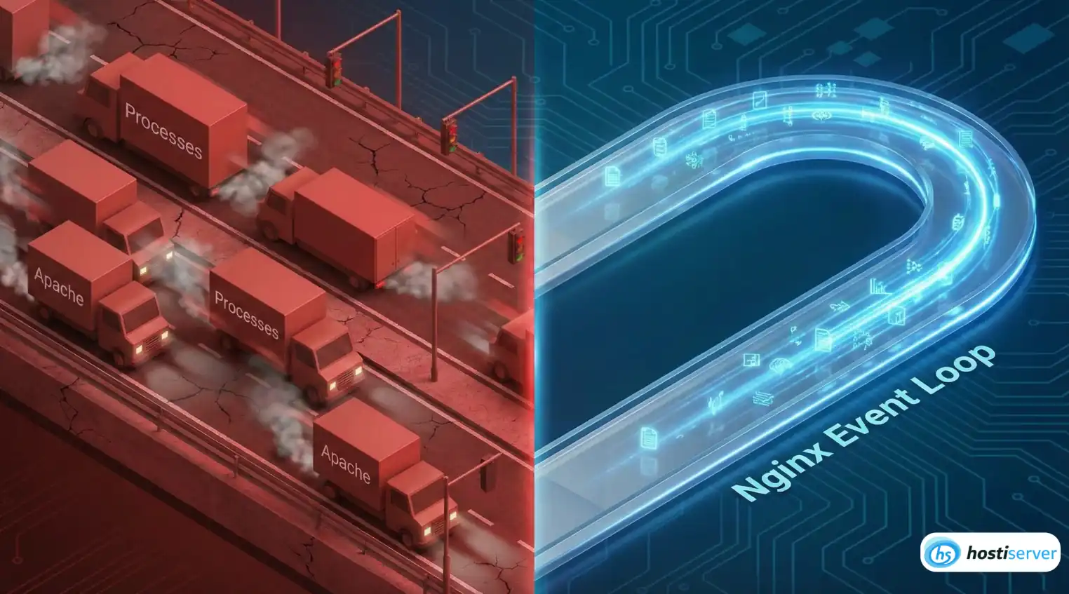 Architecture visualization: Apache's heavy processes vs. Nginx's fast event-driven model