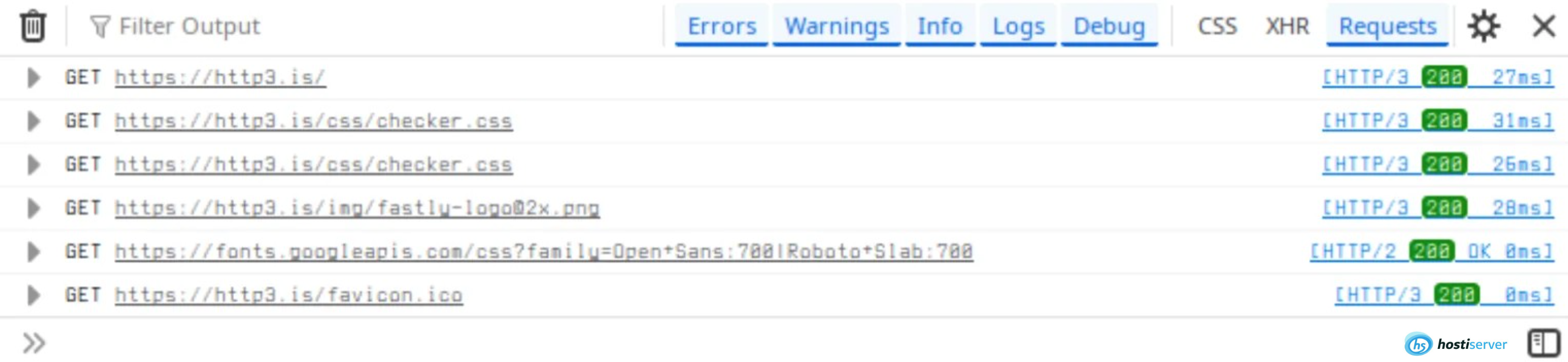 HTTP/3 requests in browser DevTools with 200 response codes and timing