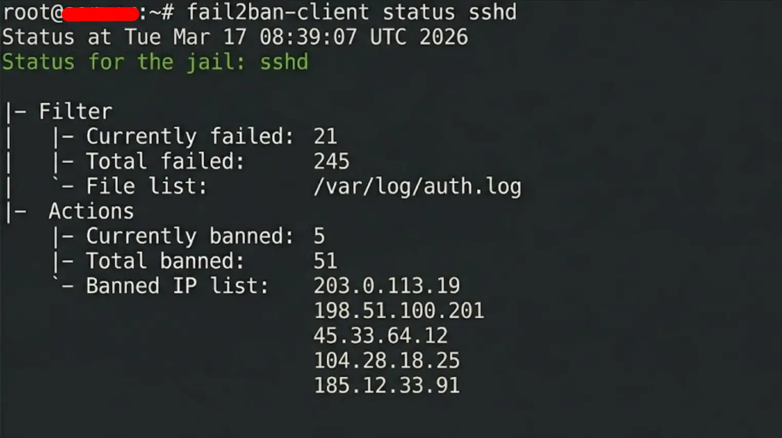 Output of fail2ban-client status sshd with a list of banned attacker IP addresses