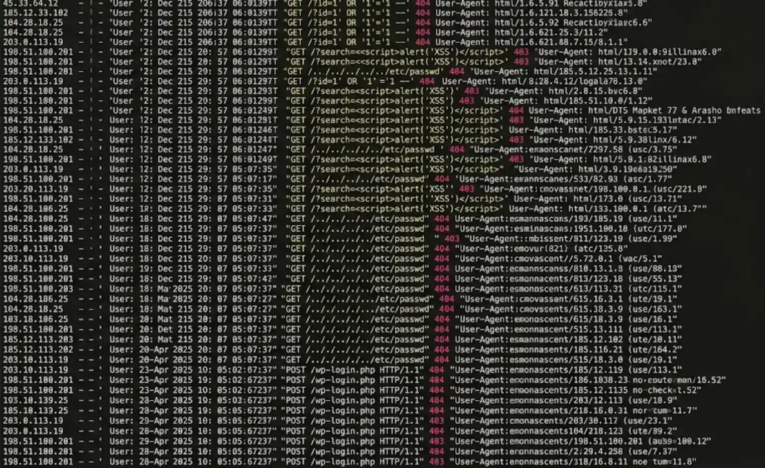 Snippet of an nginx access.log showing typical attack attempts: requests to wp-admin, .env, phpmyadmin