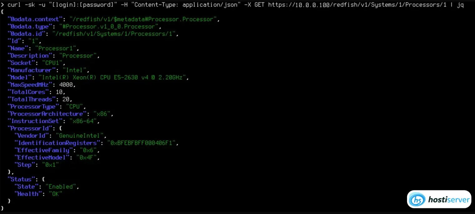 JSON response from Redfish API on GET /redfish/v1/Systems/1: model, serial number, power state, CPU count and RAM