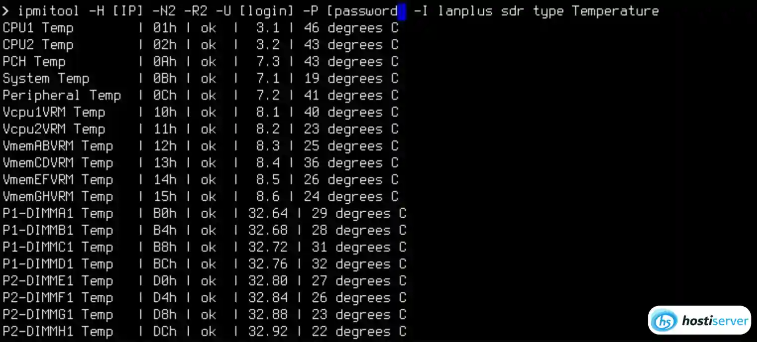 Output of ipmitool sensor list: temperatures, fan RPM, PSU state with current values and thresholds